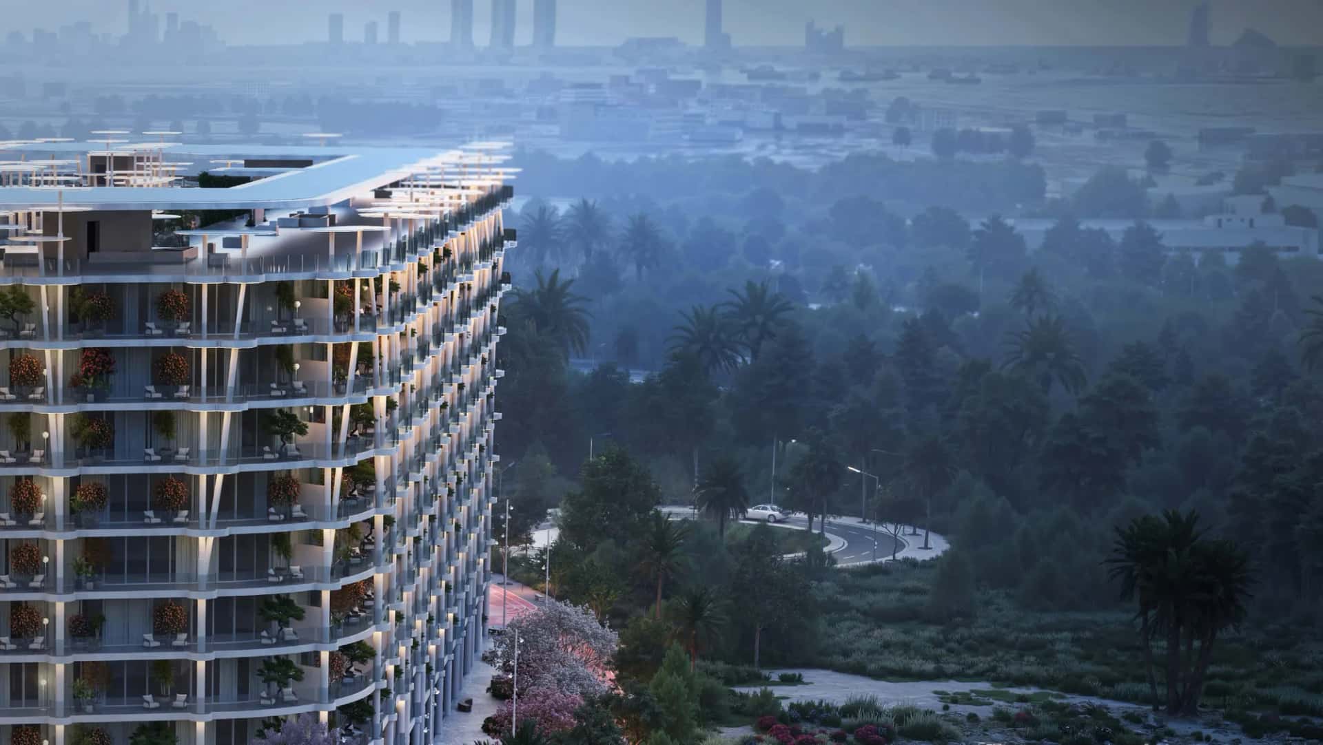Sakura Gardens by HRE low-rise residential buildings surrounding a central park and lagoon pool in Falcon City