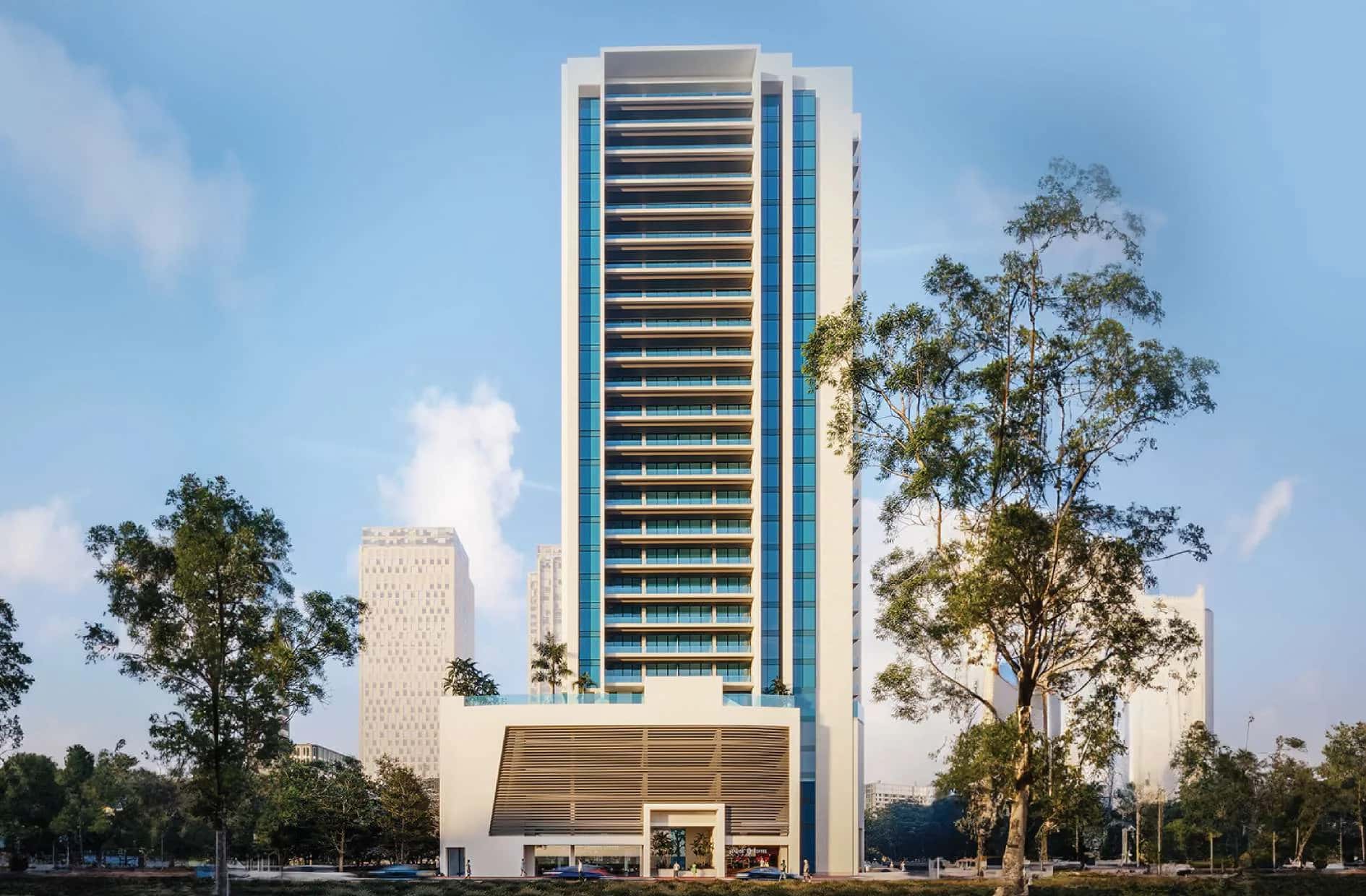 Exterior render of Santorini Residences by Loutraki, a 22-storey tower in Jumeirah Village Triangle, Dubai