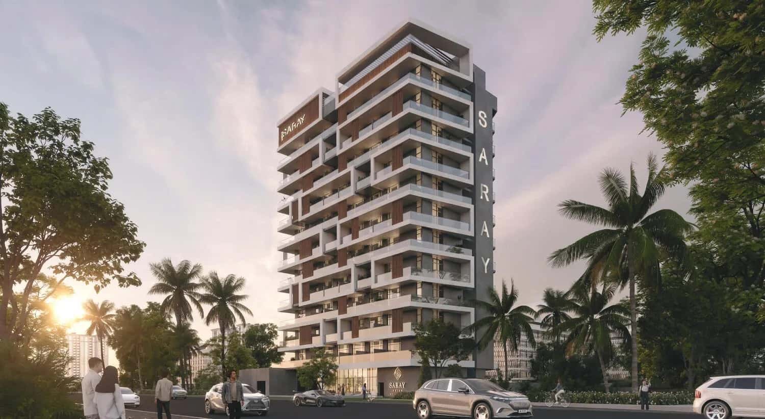 Saray Prime Residence rooftop infinity pool and skyline view in Dubai Land Residence Complex
