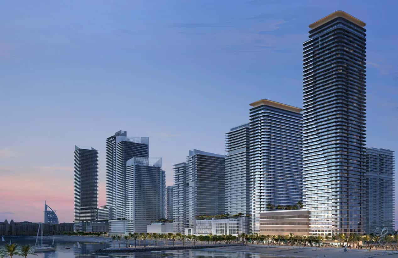 Seapoint Tower 1 and Tower 2 by Emaar rising above the Arabian Gulf waterfront at Dubai Harbour