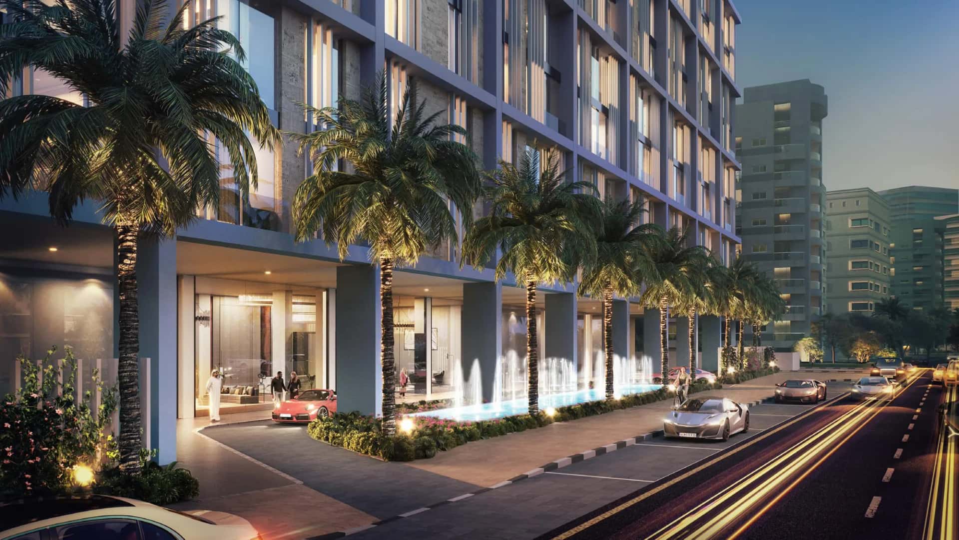 Serenova residential tower exterior in Dubai Silicon Oasis with courtyard and pool amenities
