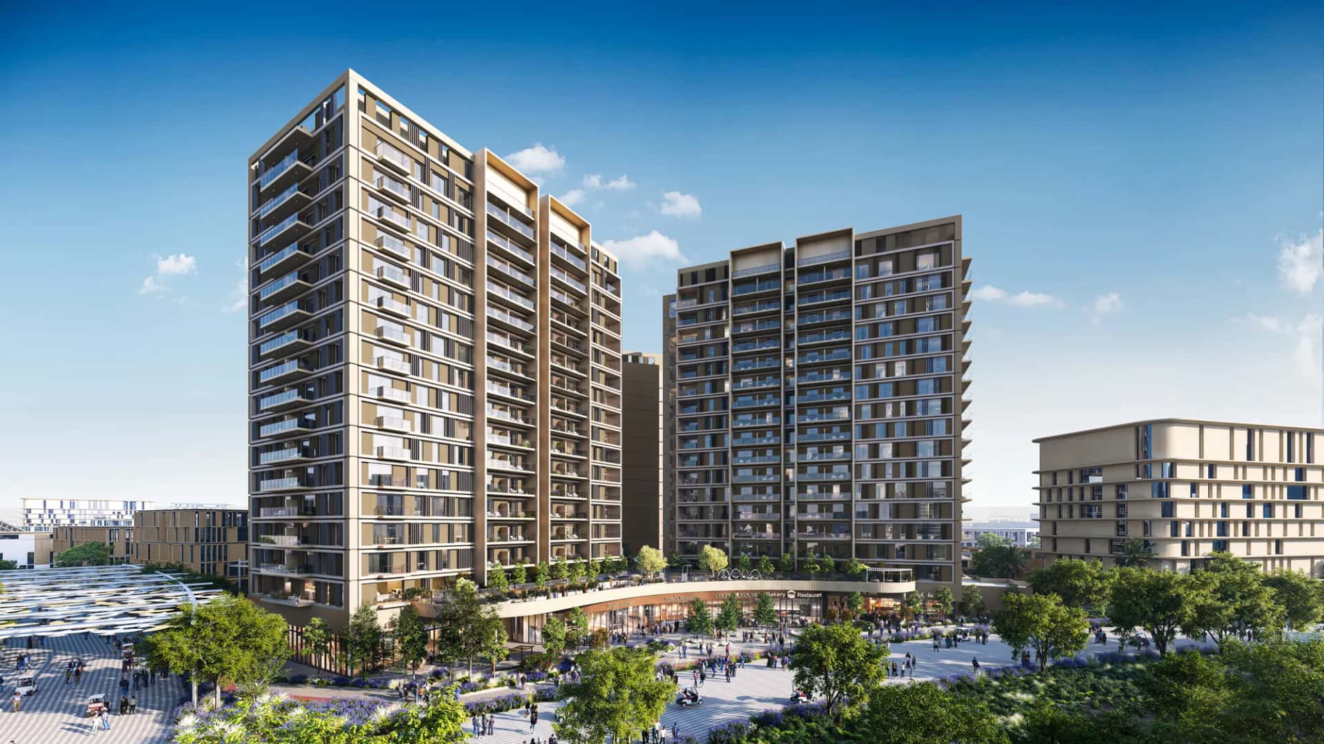 Sidr Residences towers in Expo City Dubai with landscaped podium and pool deck
