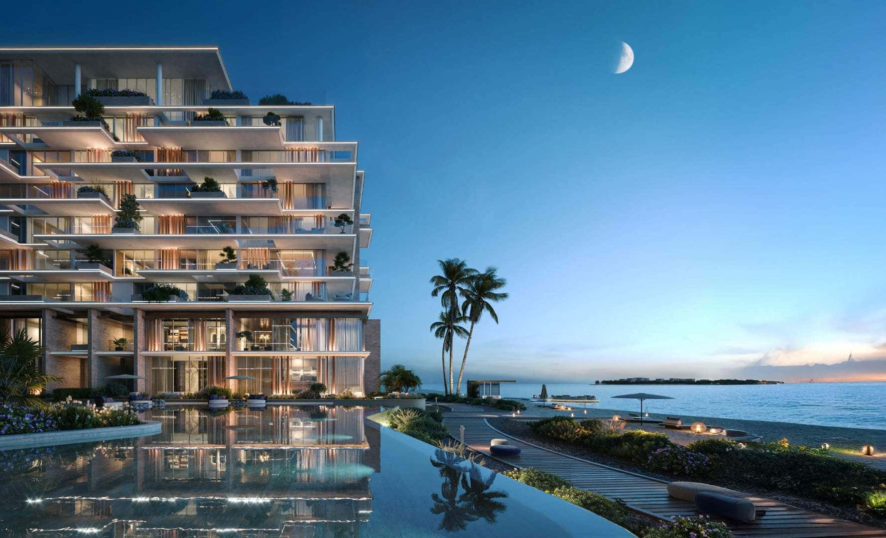 Silena Residences beachfront apartment building on Dubai Islands with glass facade and sea views