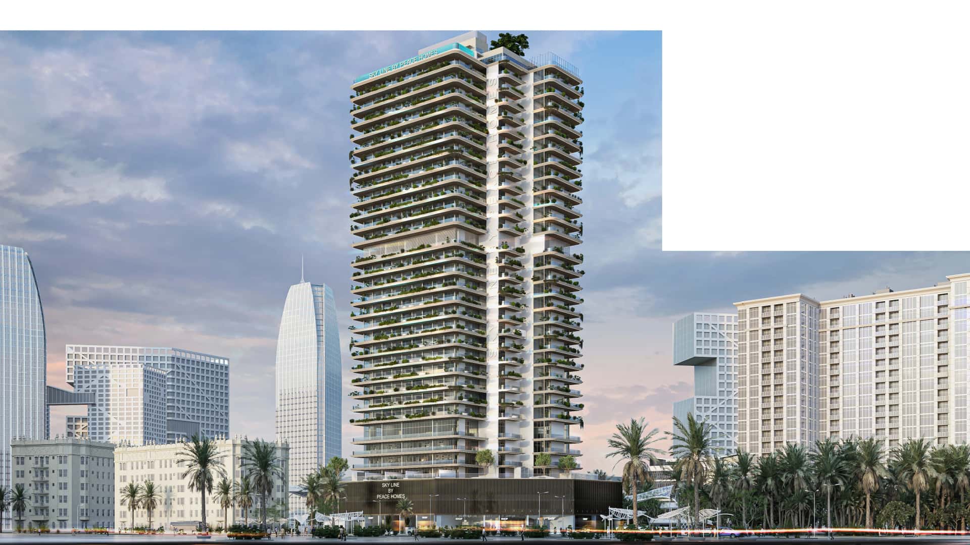 Sky Line by Peace Homes mixed-use tower exterior in Dubai Land Residence Complex, Dubai