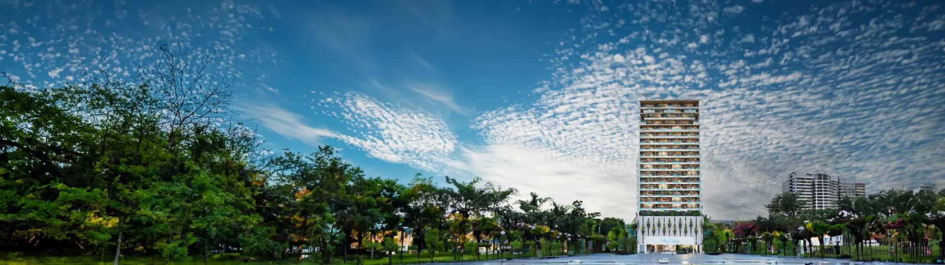 Sky Livings by Peace Homes tower exterior in Jumeirah Village Circle, Dubai