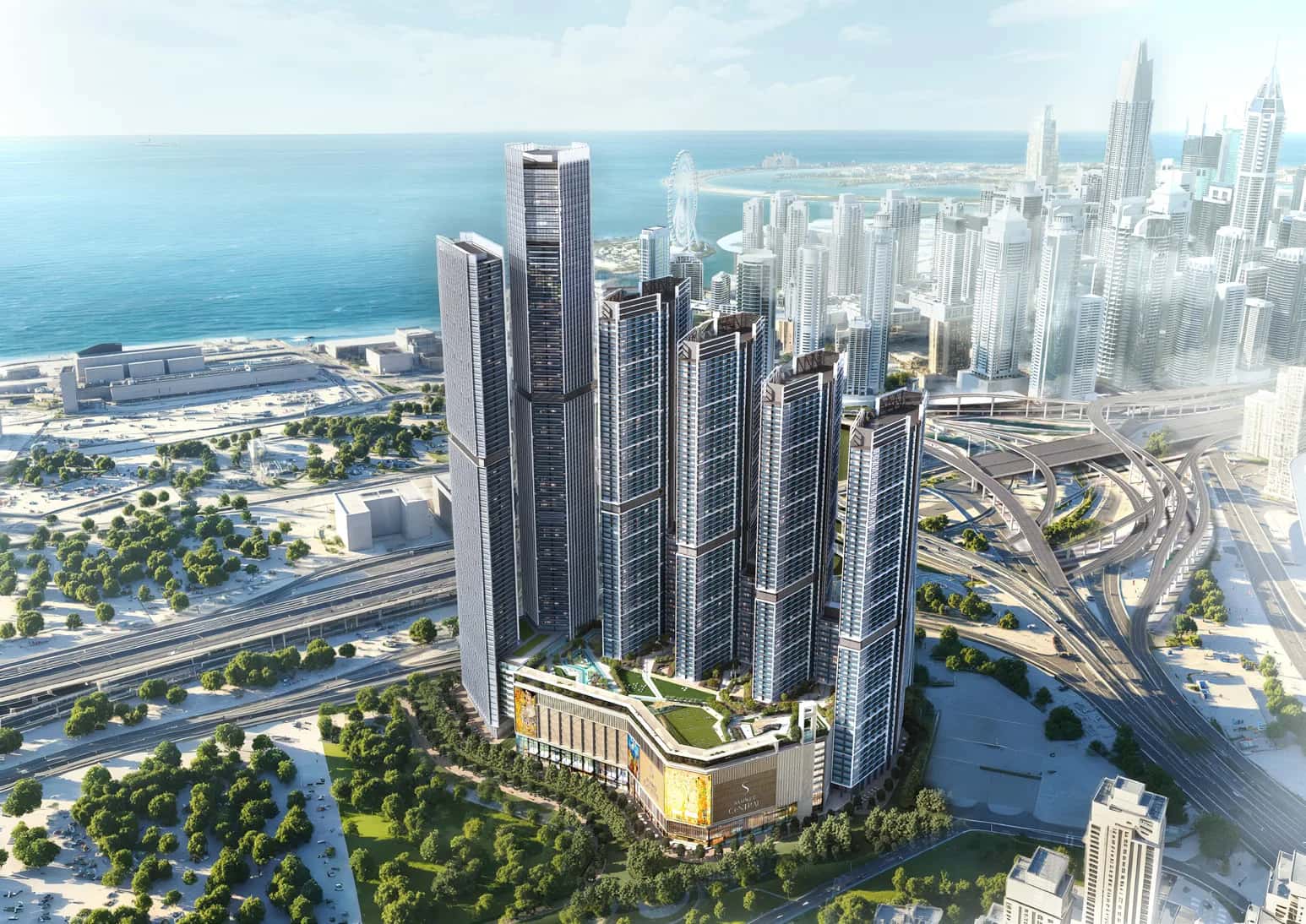 Sobha Central Phase II towers on Sheikh Zayed Road with JLT and Marina skyline view