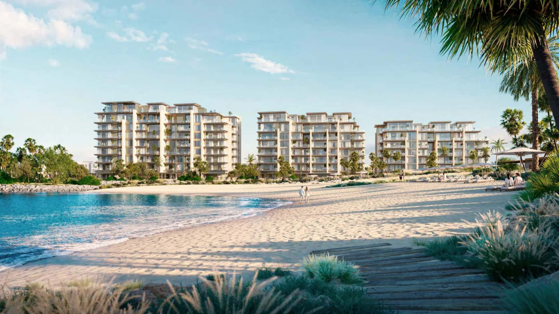 Solaya beachfront residences in La Mer Dubai designed by Foster and Partners, showing sea-facing terraces and pool