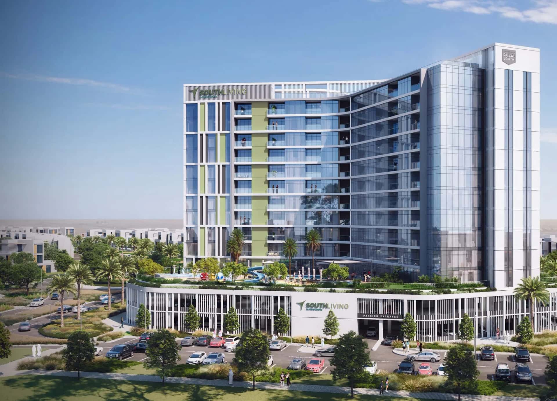 South Living tower exterior in Dubai South Residential District with lobby waterfall feature