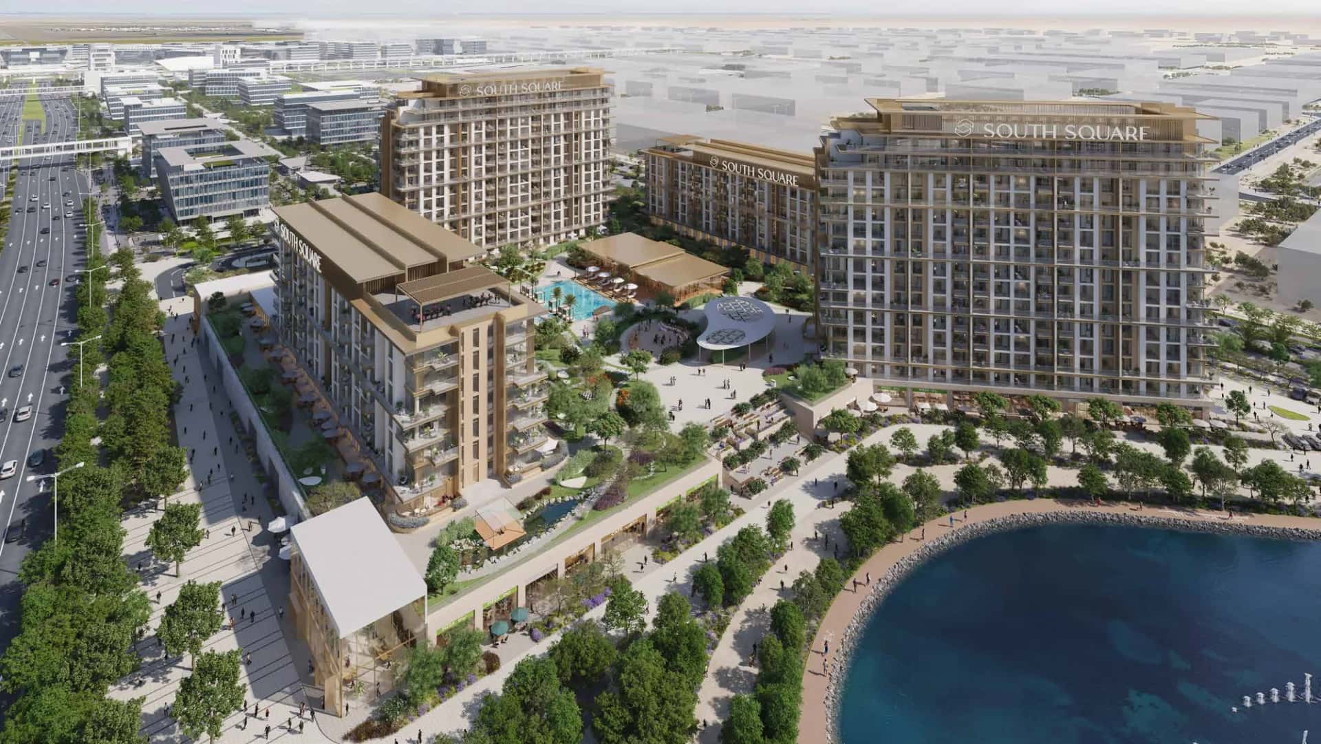 South Square residential towers with landscaped water ponds in Dubai World Central
