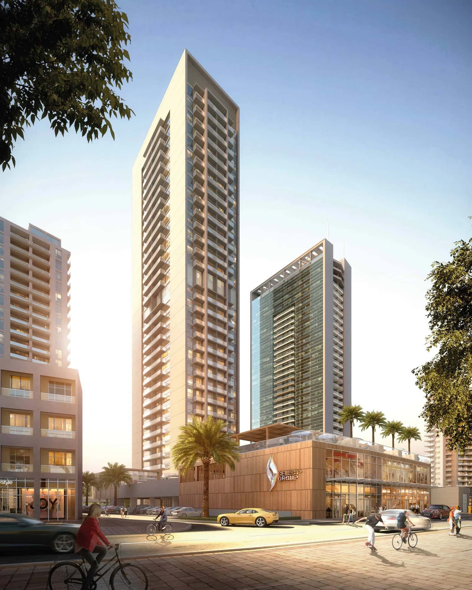 Studio One residential tower exterior in Dubai Marina with pool deck and Marina skyline views