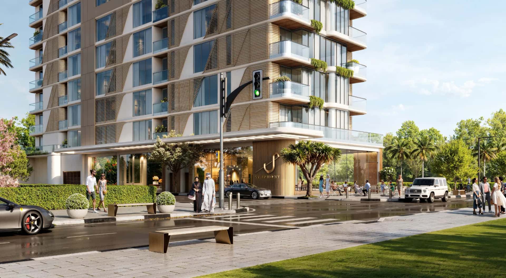 Symphony by Chaimaa residential tower facade with geometric lattice design in Majan, Dubai