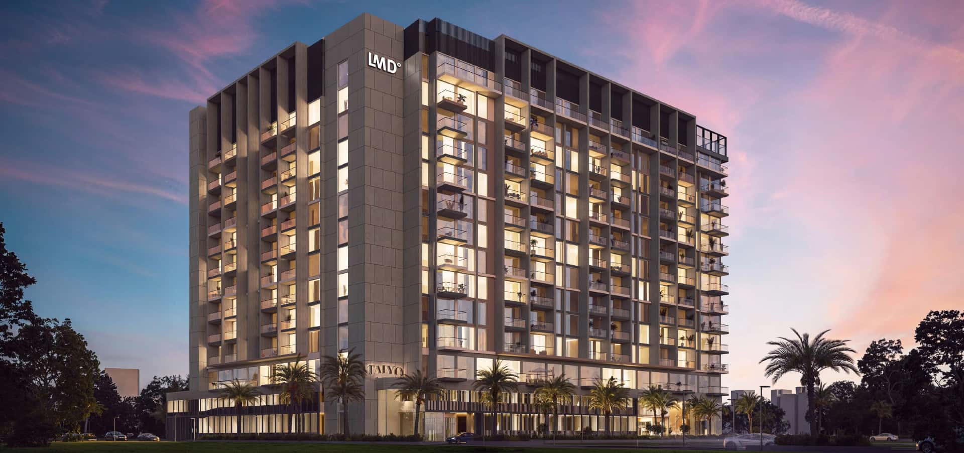 Taiyo Residences tower exterior with glass façade and balconies in Wasl Gate, Dubai