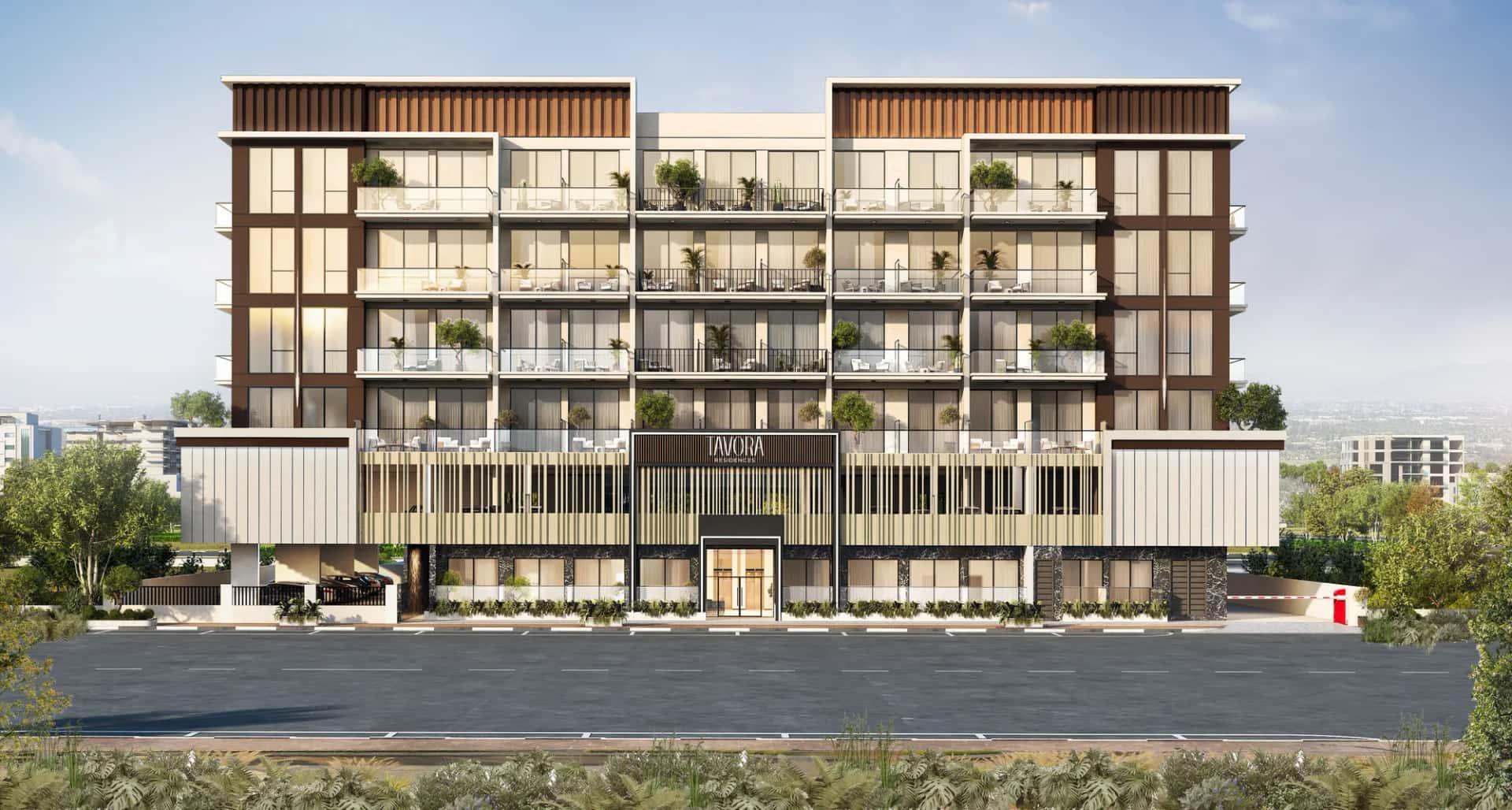 Tavora Residences exterior facade with glass balconies in Warsan 4, Dubai