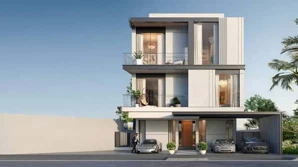 Modernist villa facade at Terra Golf Collection overlooking the fairways of Jumeirah Golf Estates