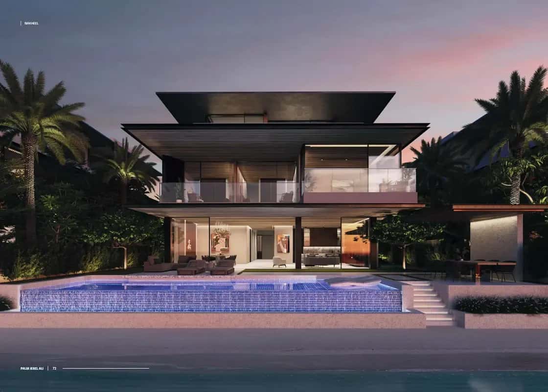 Beachfront villa exterior in the Beach Collection, Frond B, Palm Jebel Ali