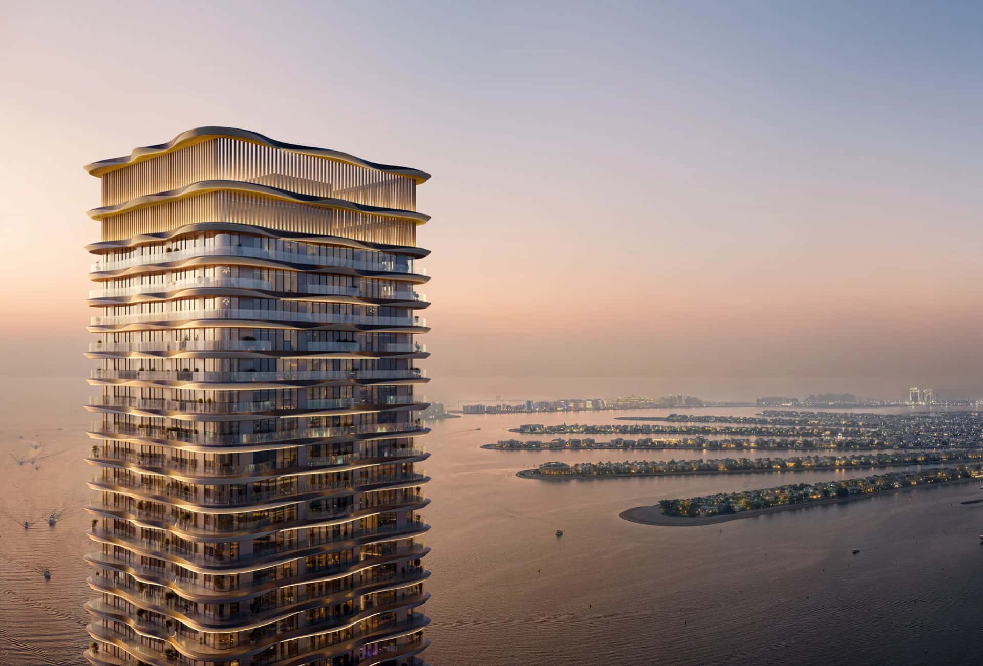 The Bristol tower at Emaar Beachfront Dubai Harbour with sea and Dubai Marina skyline views