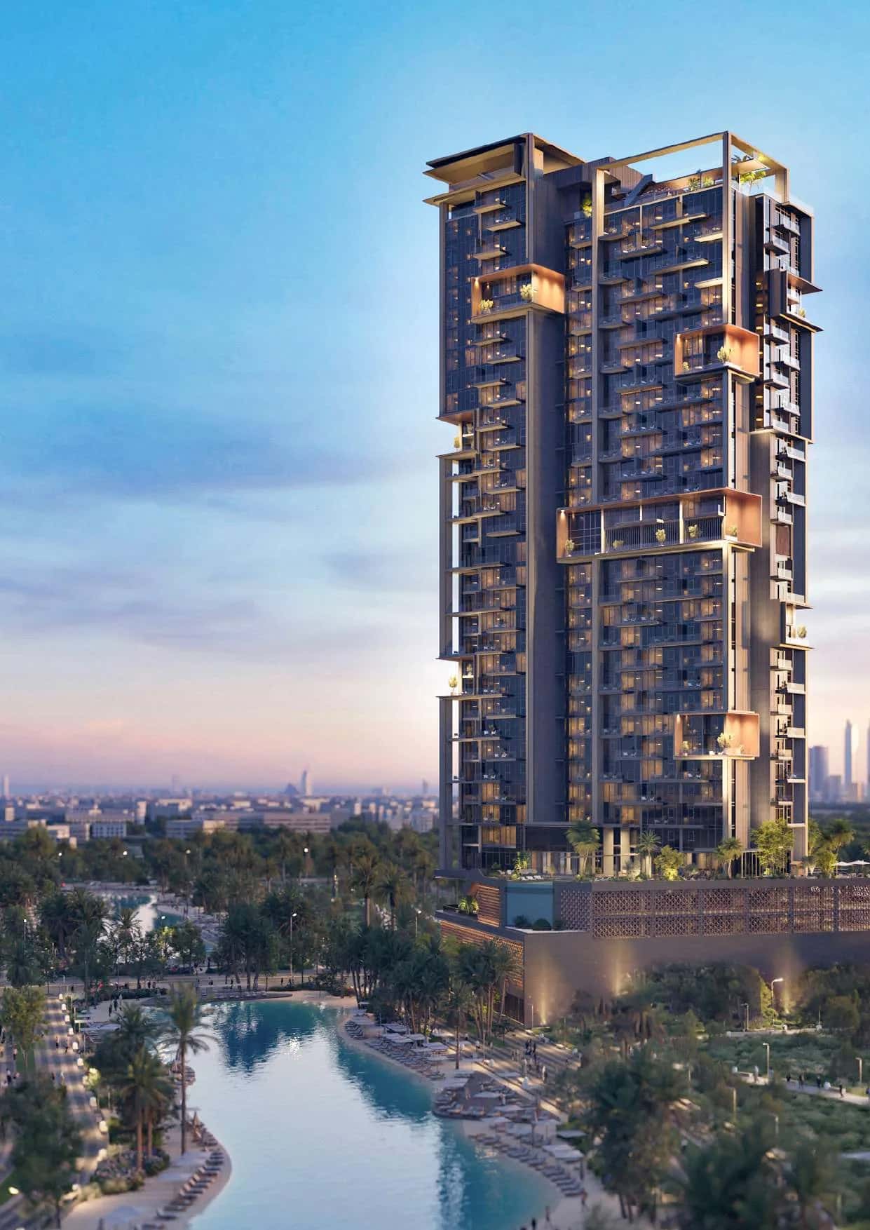 The Highgrove residential tower by Ellington Properties overlooking a crystal lagoon in MBR City, Dubai