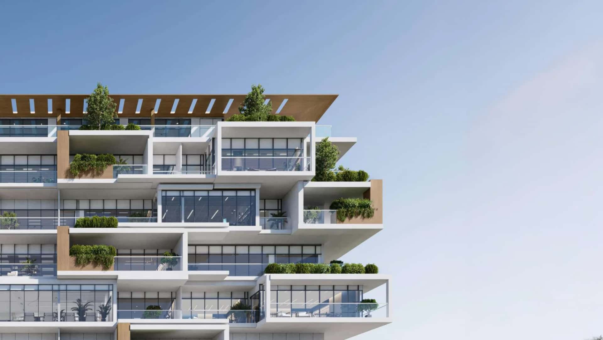 The LX boutique office tower exterior in Arjan, Dubai, overlooking Dubai Miracle Garden