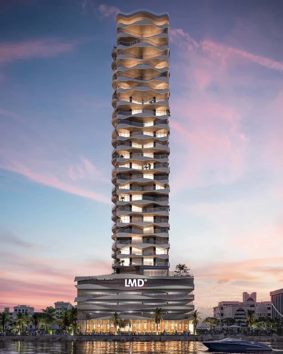 The Pier Residence tower facade overlooking the Arabian Gulf in Dubai Maritime City