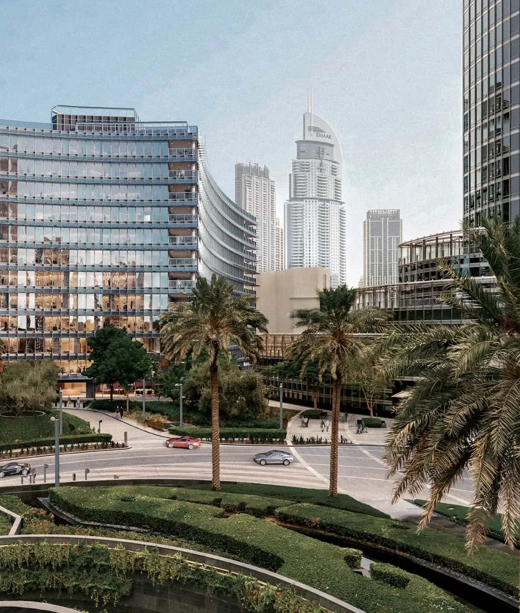 The Residence Burj Khalifa residential tower in Downtown Dubai with views of The Dubai Fountain