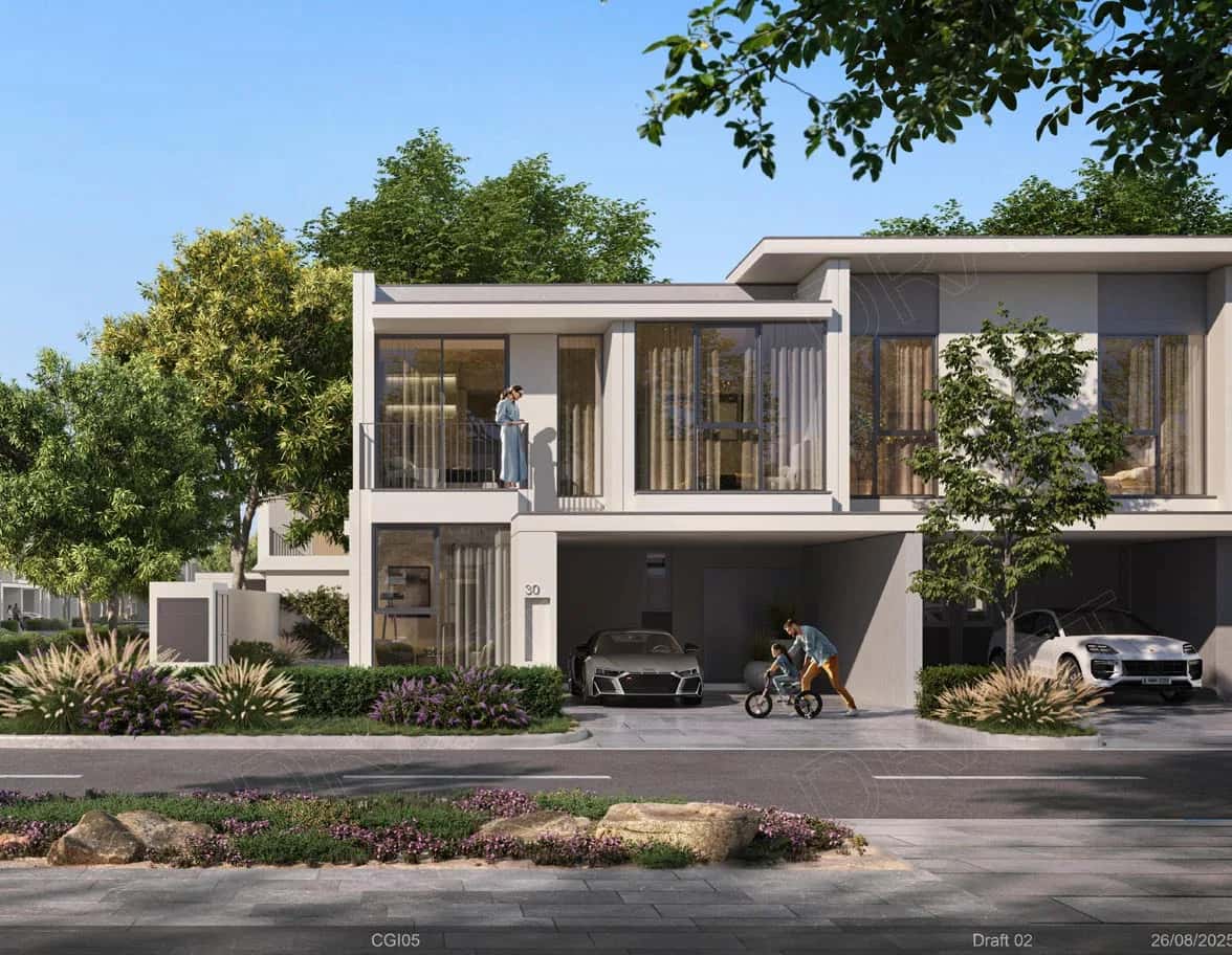 Aerial view of Vindera townhouses at The Valley Phase 2 by Emaar, surrounded by landscaped gardens and green corridors, Dubai