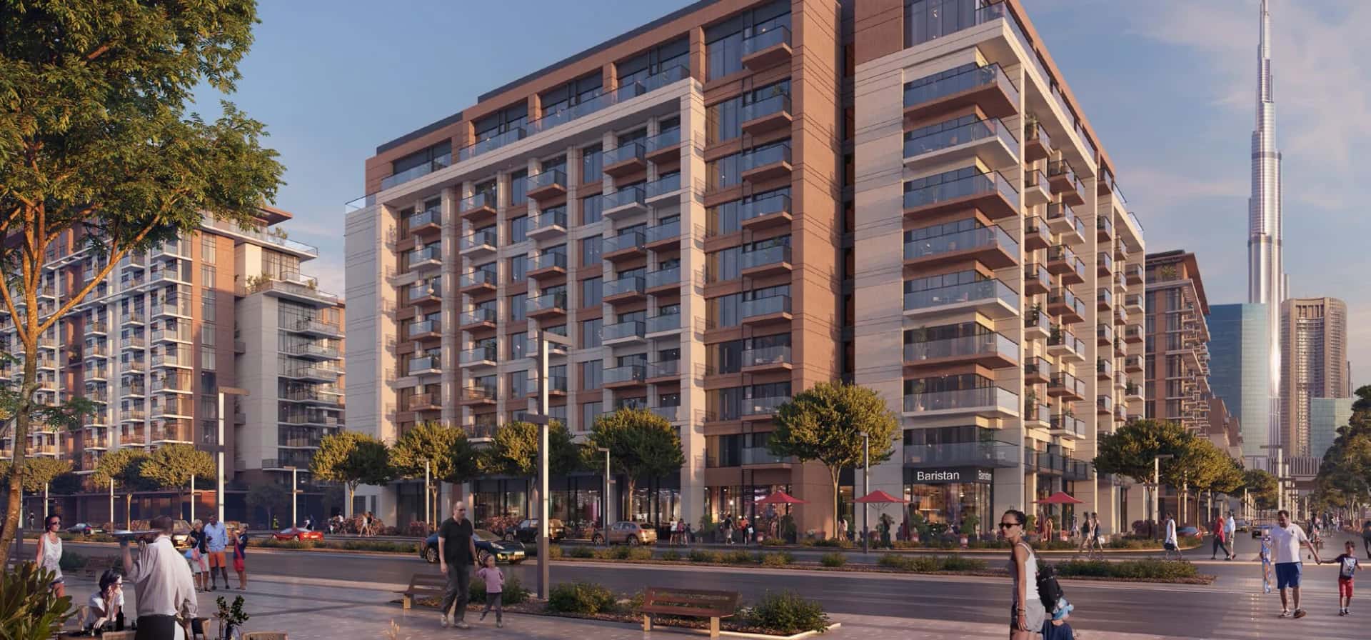 Thyme residential building by Meraas at Central Park City Walk, Dubai — park-facing apartments exterior view
