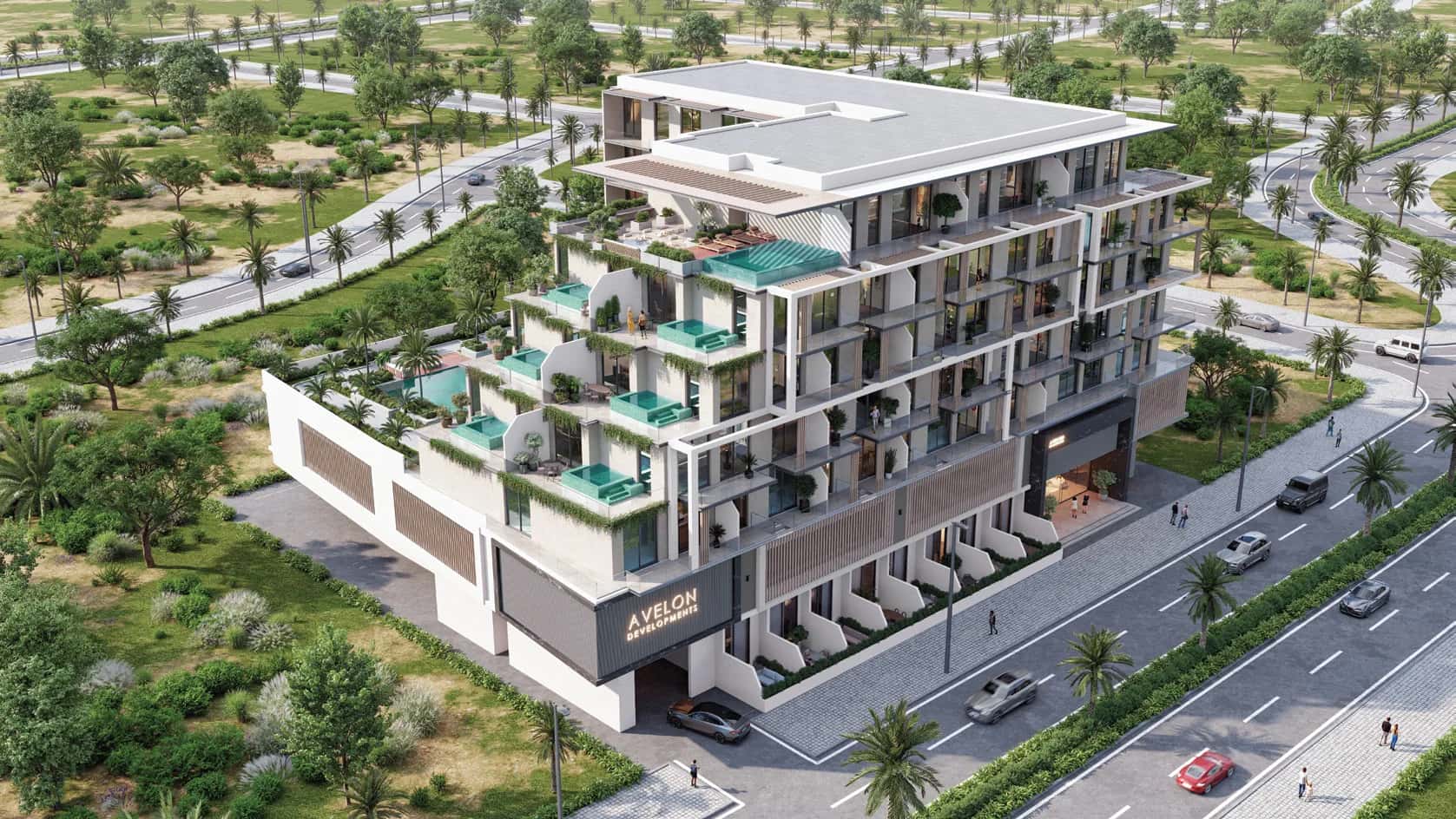 Trevino residential building exterior and rooftop pool in Jumeirah Village Circle, Dubai