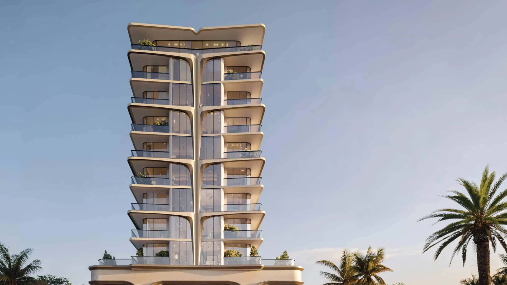 Trillium Heights residential tower in Jumeirah Garden City, Dubai, showing curved GFRC facade and rooftop level
