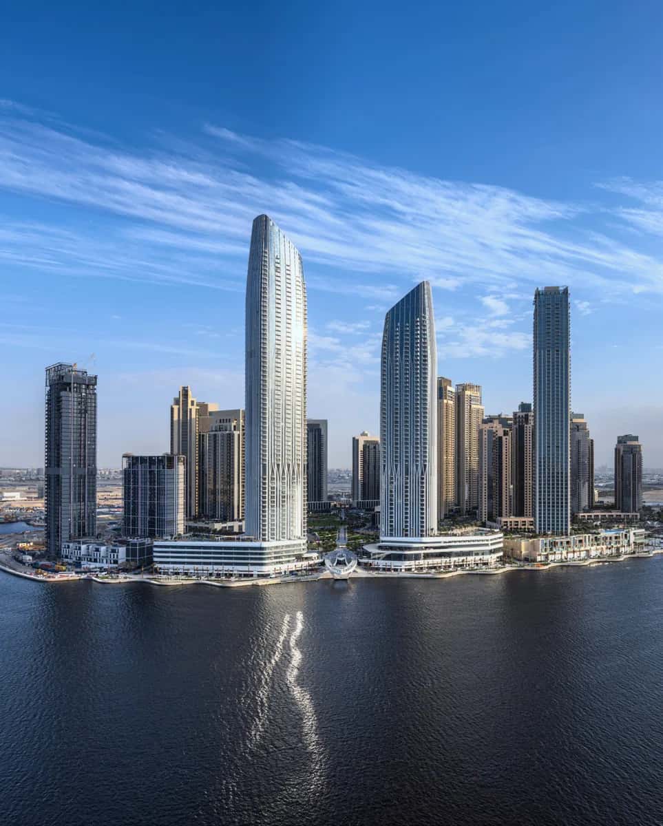 VALO tower exterior by Emaar in Dubai Creek Harbour with waterfront and Downtown Dubai skyline views