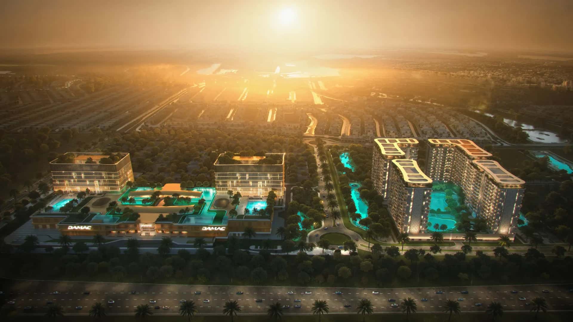 Valencia apartment towers with lagoon amphitheatre and Mediterranean-style podium at Damac Lagoons