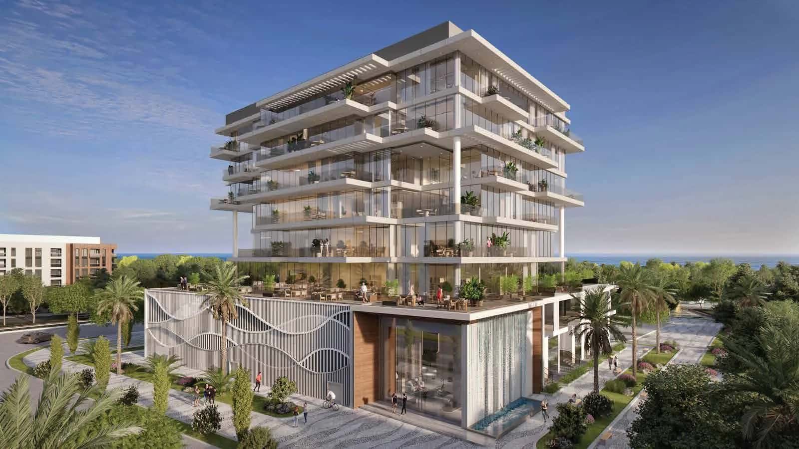 Vayla Residences low-rise building facade with infinity pool in Palm Deira