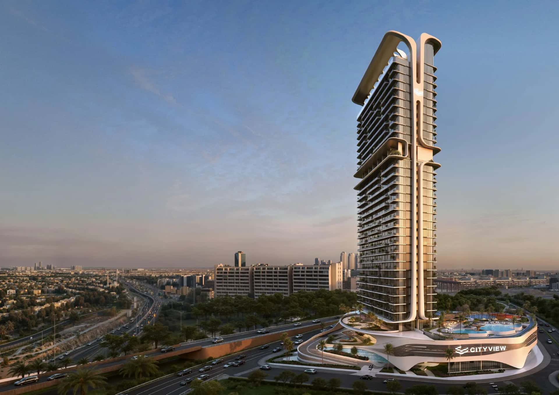 Velos Residence tower exterior in Motor City, Dubai with rooftop infinity pool