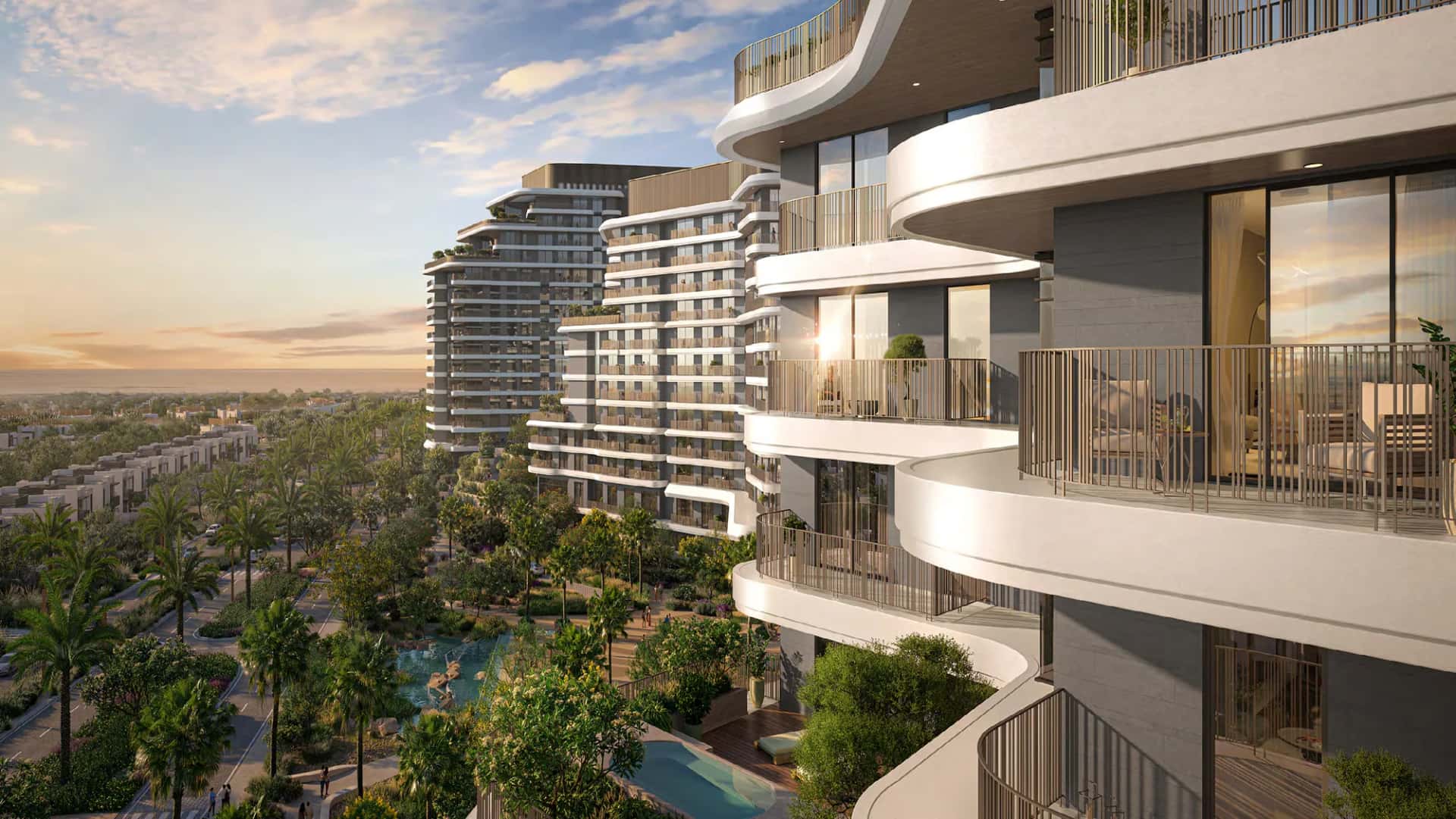 Verdes by Haven wellness-inspired apartment community entrance and Treehouse in Dubailand