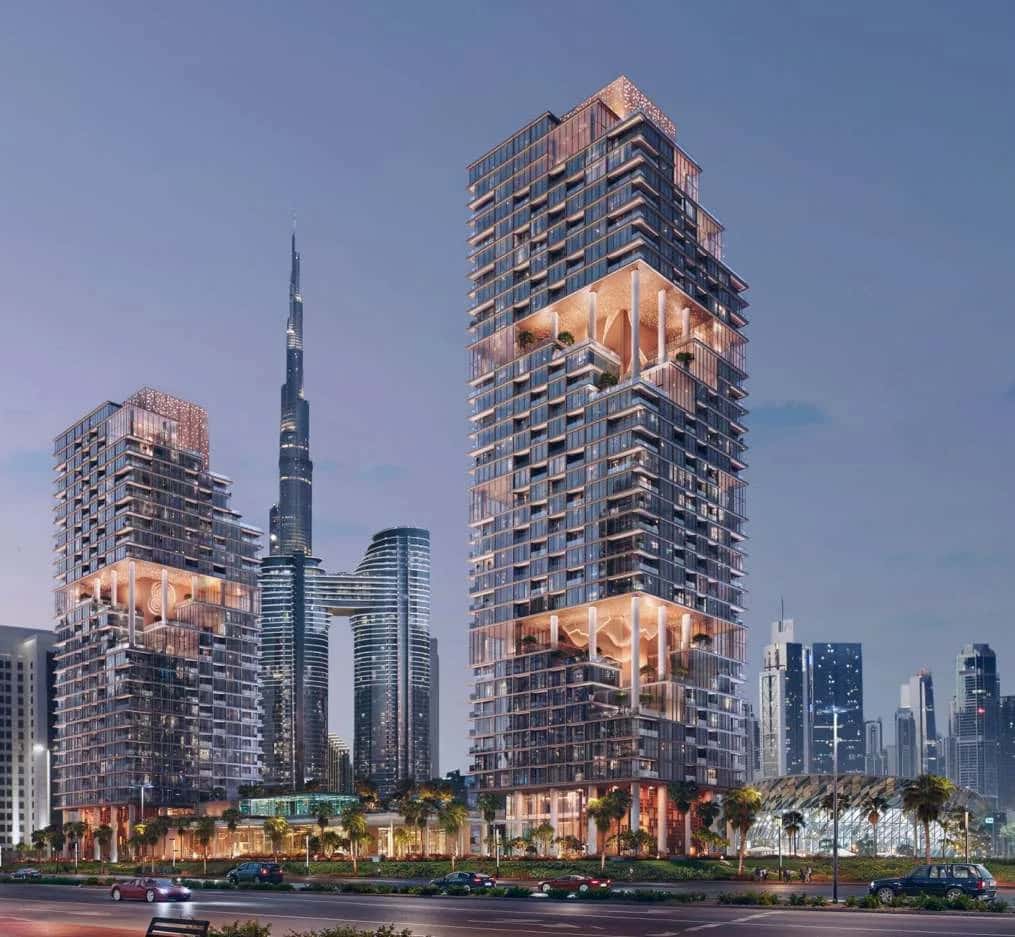 Verve City Walk twin towers by Meraas on Al Safa Street, City Walk Dubai, with podium and landscaped terraces