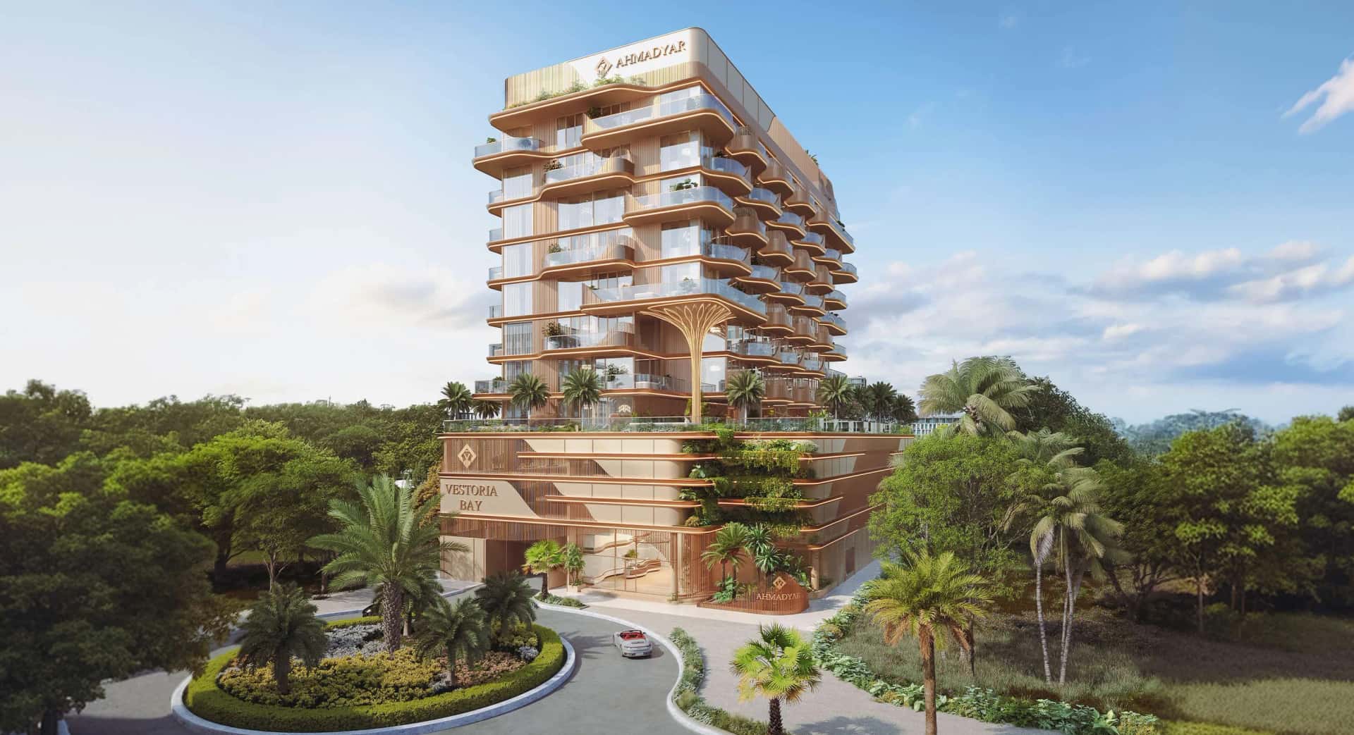 Vestoria Bay Dubai Islands - curved coastal residential tower with rooftop infinity pool on Palm Deira waterfront