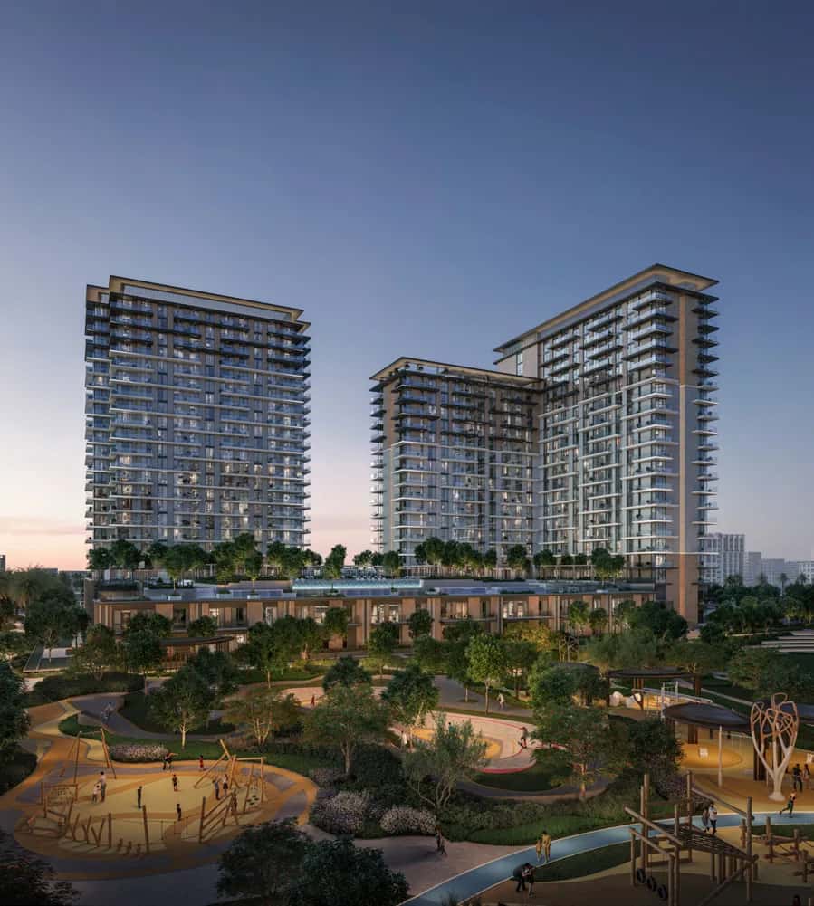 Vida Residences Dubai Hills Estate tower exterior with Hillside Park greenery in the foreground, Dubai