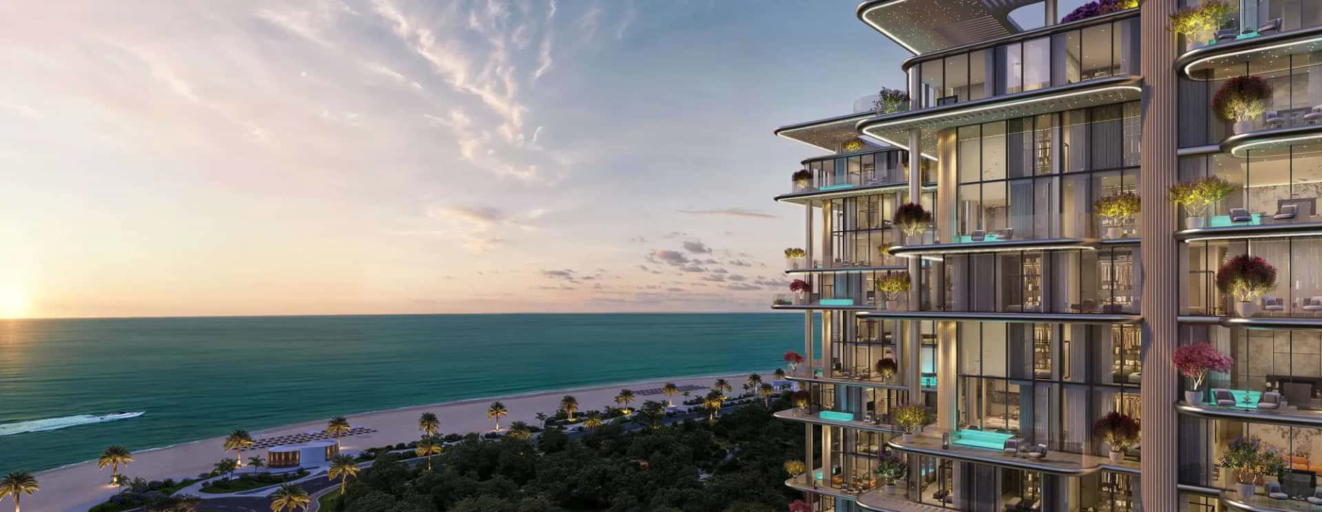 Villa del Gavi Residences beachfront tower on Dubai Islands with infinity pool overlooking the Arabian Gulf
