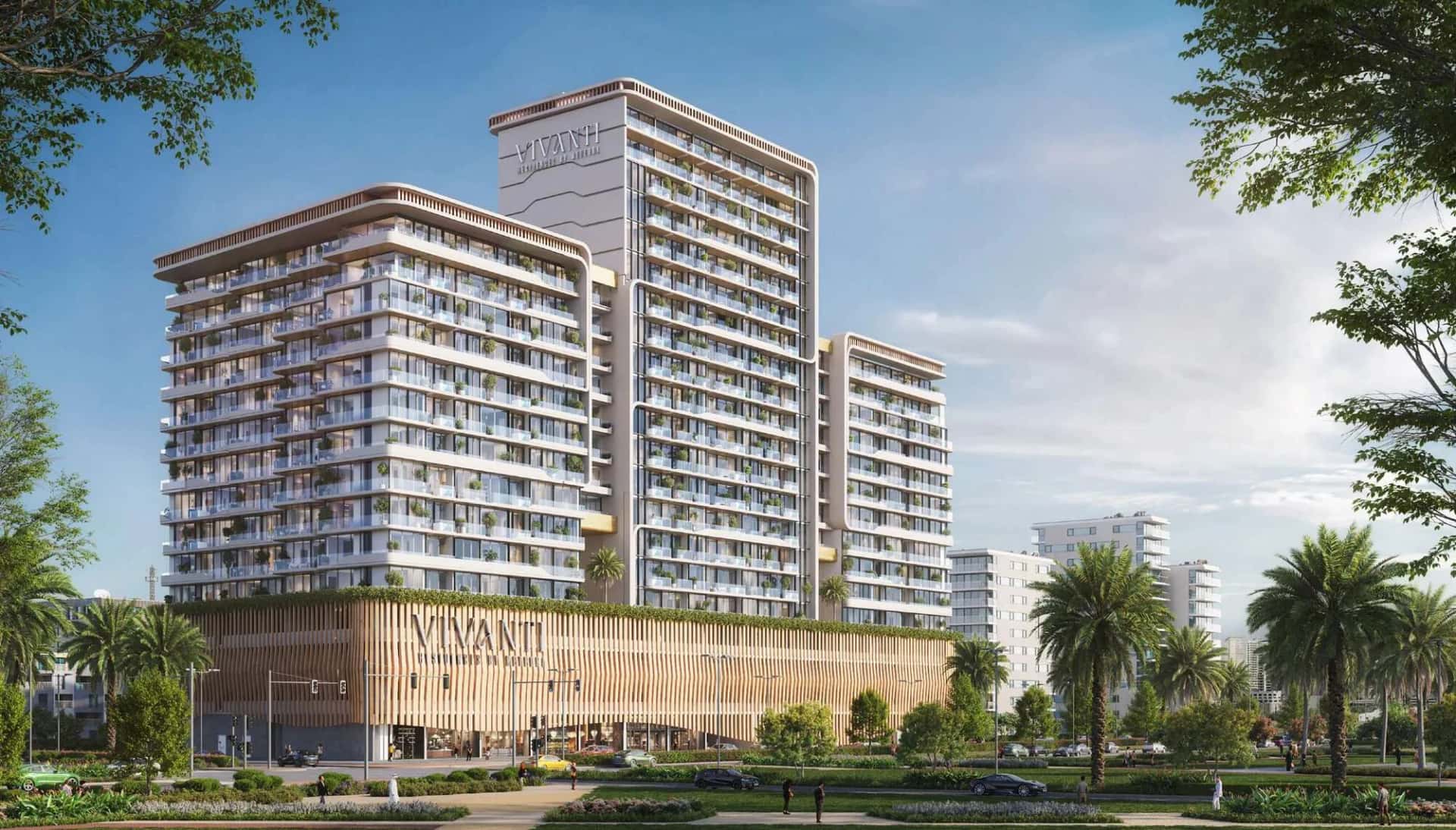 Vivanti Residences off-plan apartment towers with podium pool in Jumeirah Village Circle, Dubai