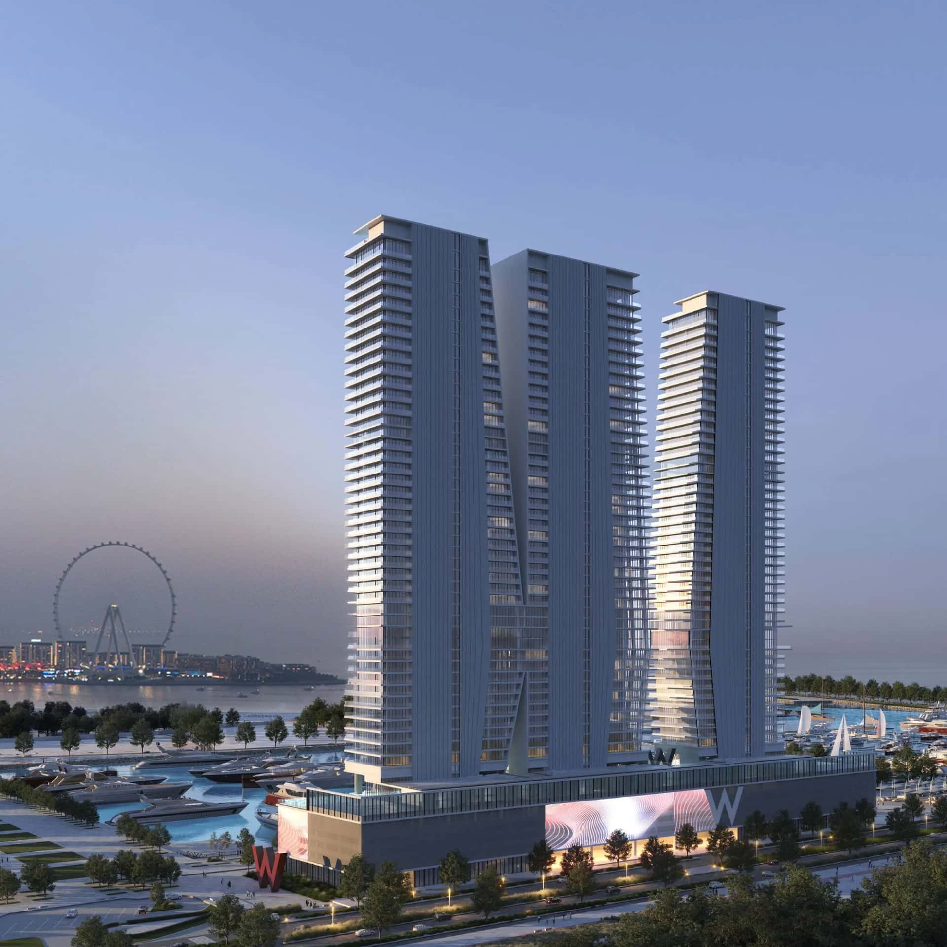 W Residences at Dubai Harbour towers overlooking the marina and Dubai skyline