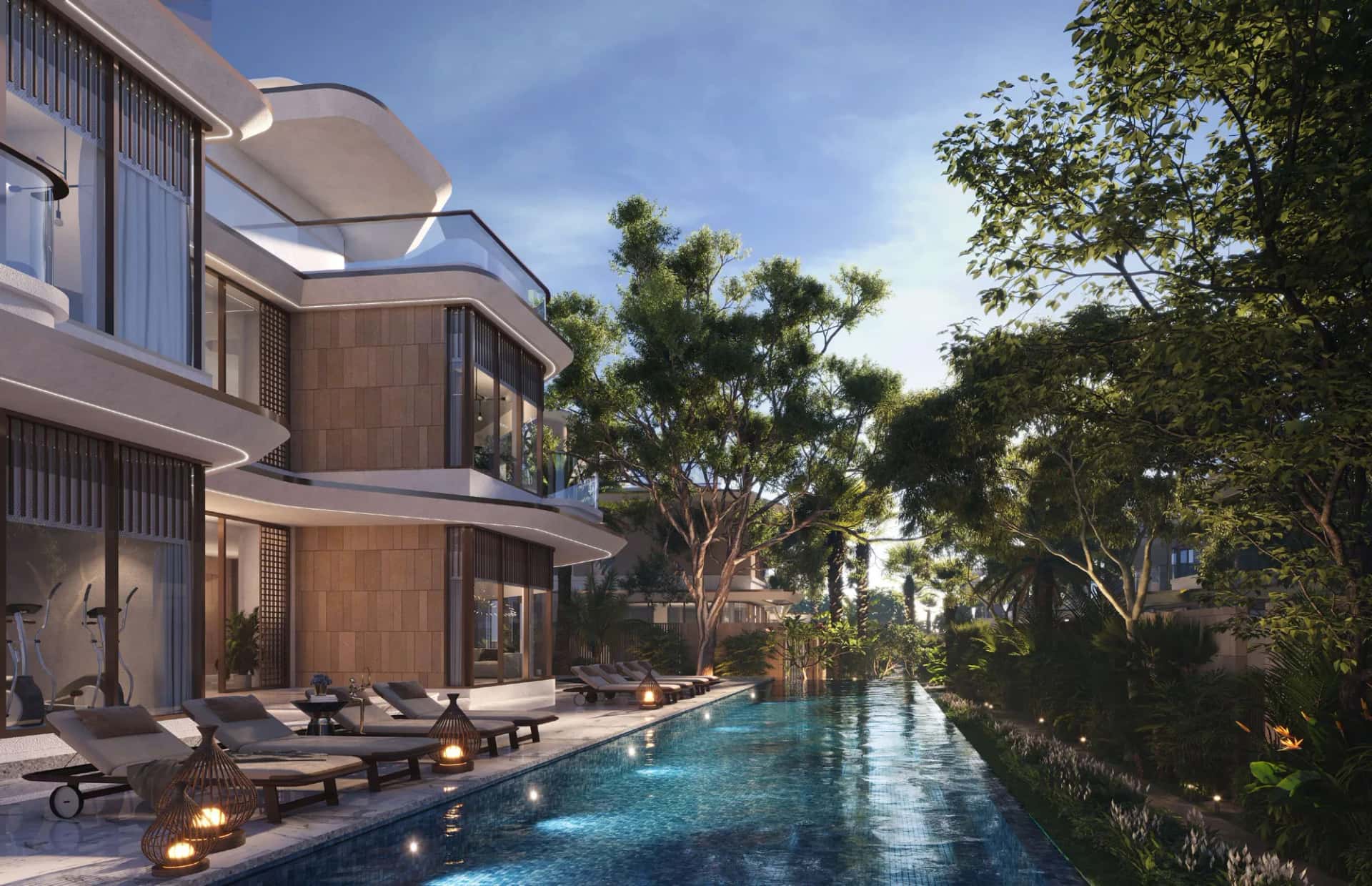 Modern villa exterior with curved architecture and pool at Wadi Villas, District 11, Dubai