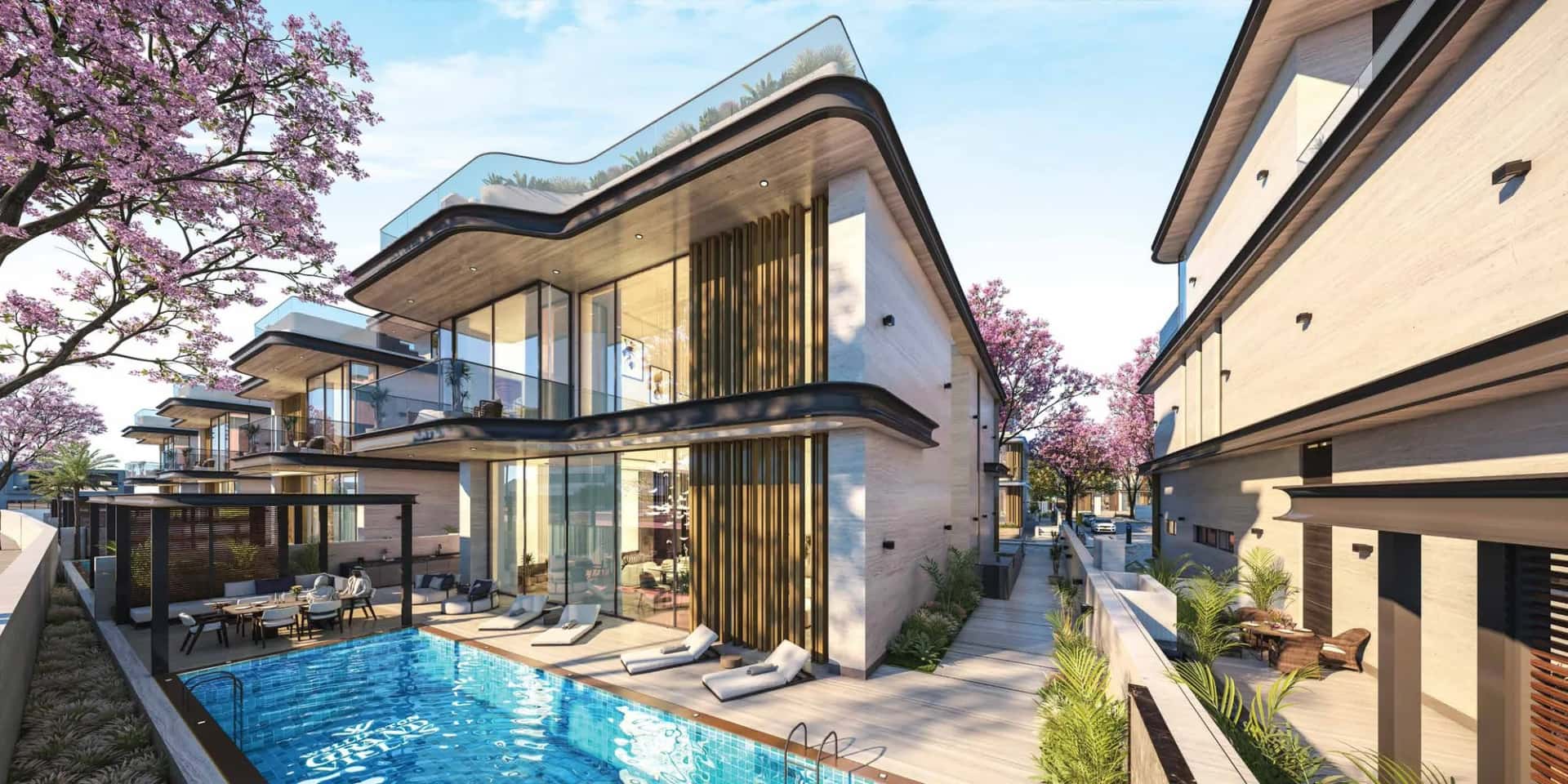 Wellington Grand Villas lagoon and villa exteriors in MBR City District 11, Dubai