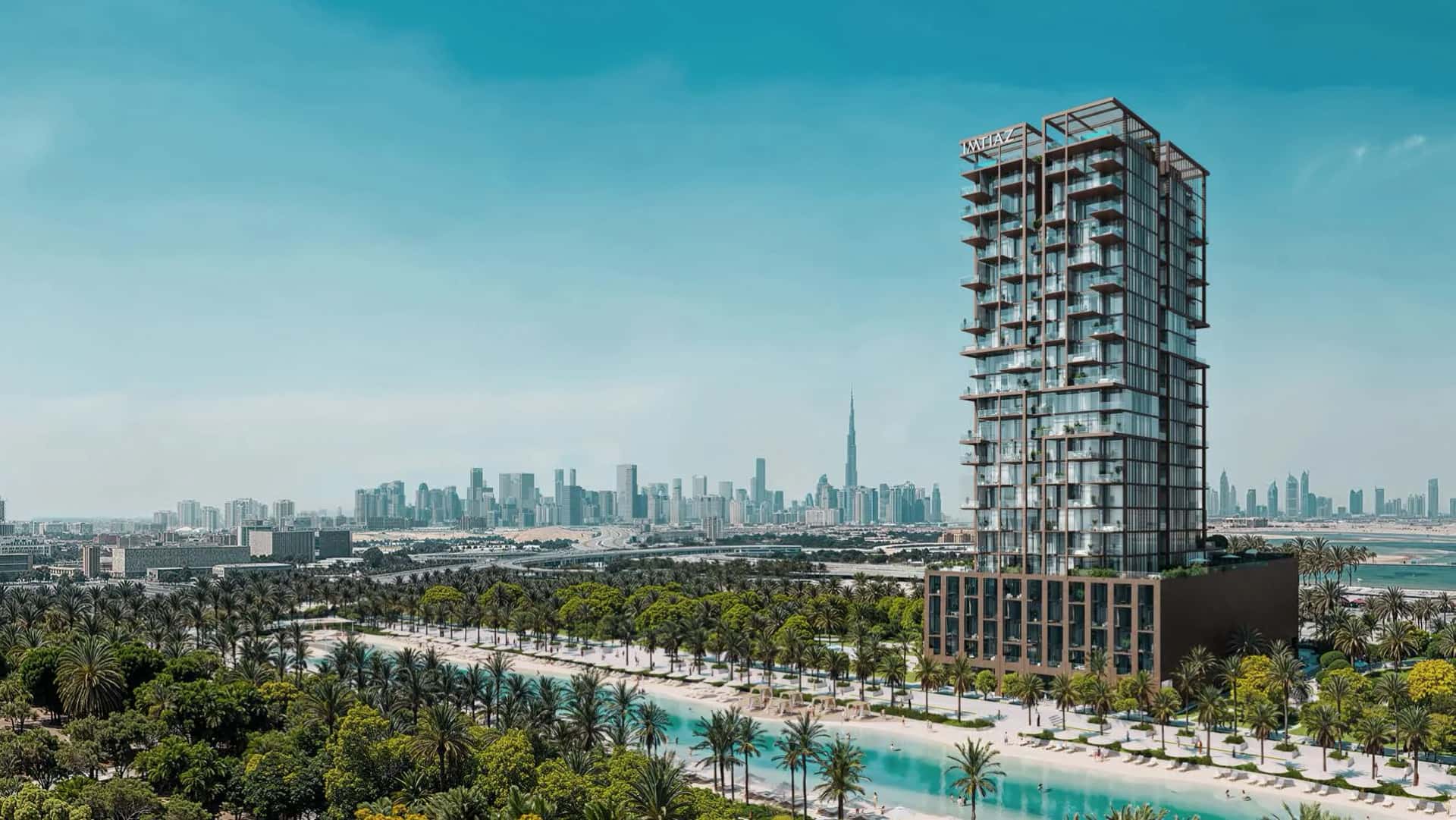 Wynwood Horizon by Imtiaz, a residential tower on the crystal lagoon in Meydan, Dubai, with Downtown skyline views