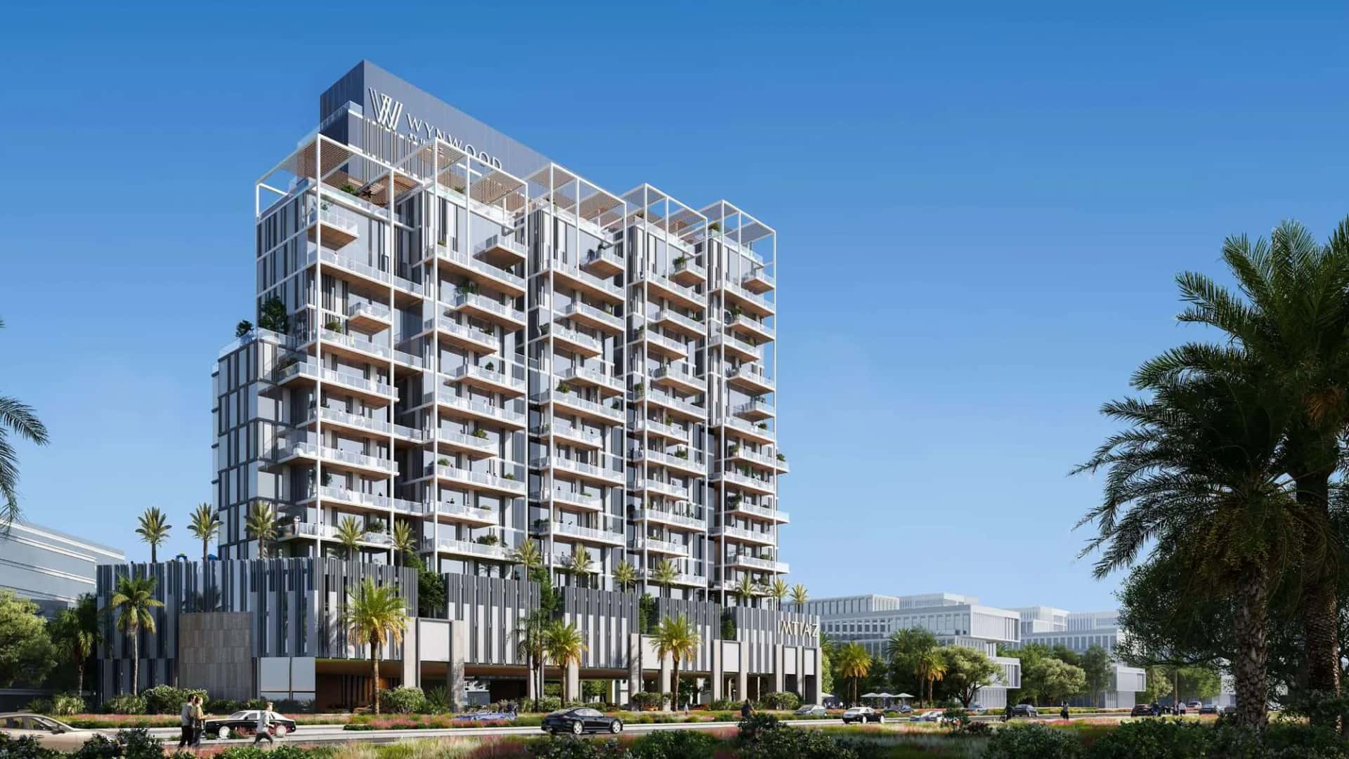 Wynwood Residences tower and podium pool deck on Dubai Islands, Palm Deira