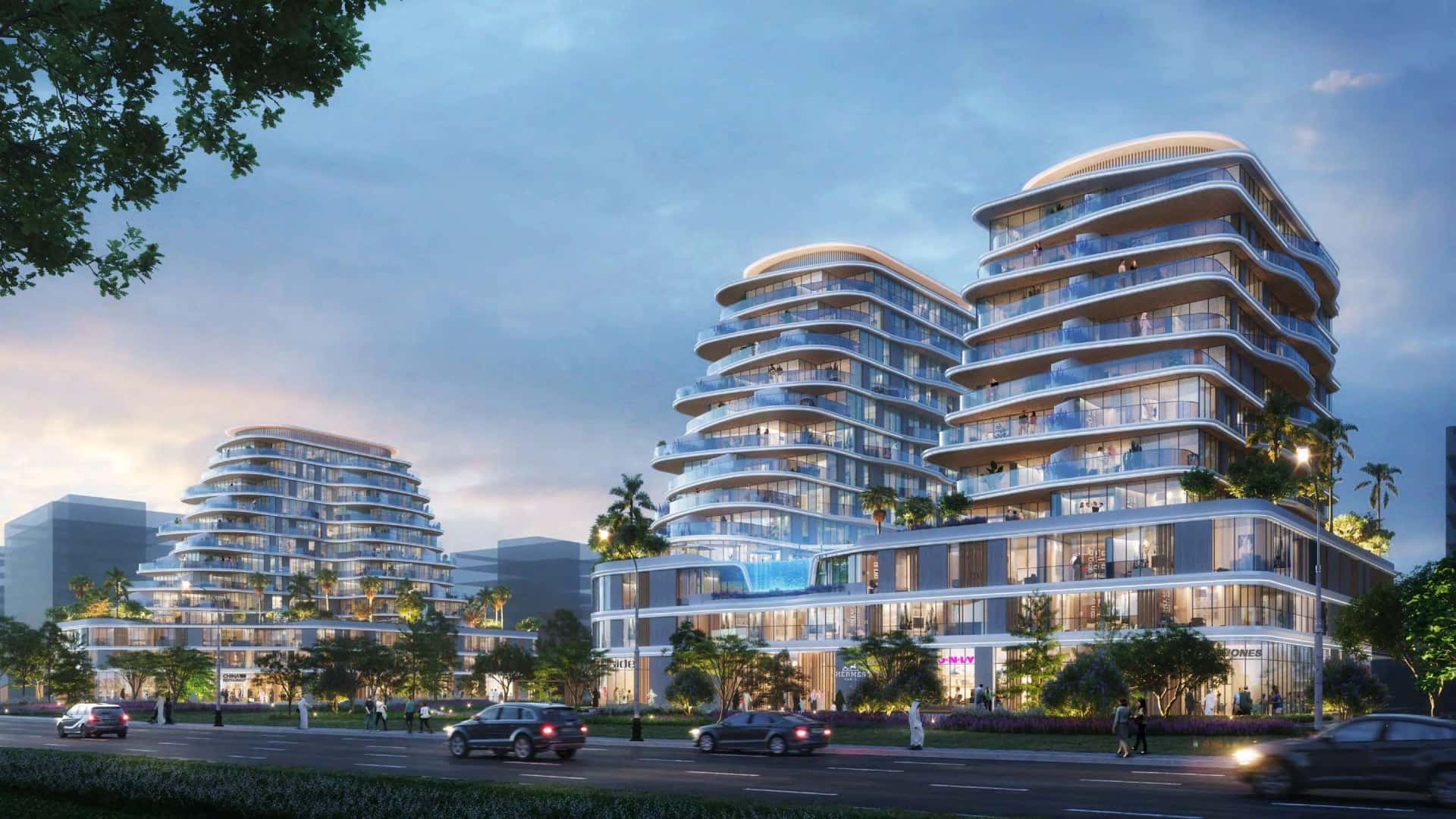 Zephyra Residences exterior facade on Dubai Islands, Palm Deira, with beach and marina in the foreground