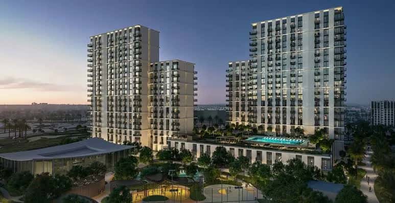 Hillsedge residential towers overlooking Hillside Park in Dubai Hills Estate
