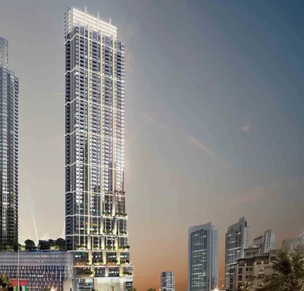 Boulevard Point tower exterior on Mohammed Bin Rashid Boulevard, Downtown Dubai, with Burj Khalifa in background