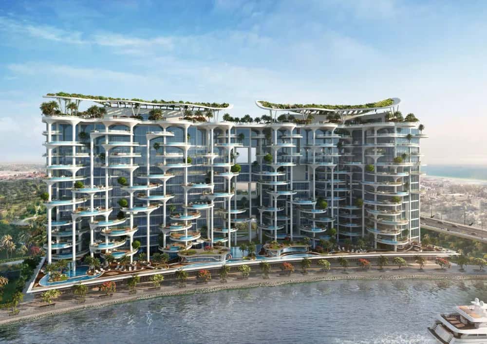 Cavalli Couture twin towers on the Dubai Water Canal in Business Bay, with planted terraces and canal views