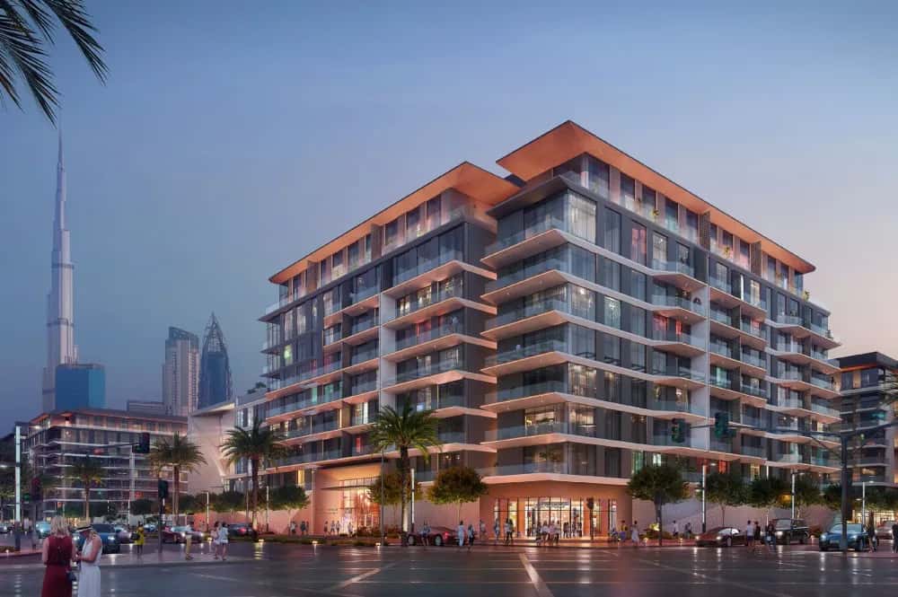 City Walk Northline 1 by Meraas, low-rise residential building with reflective blue glass facade in City Walk Dubai