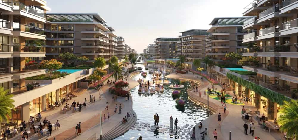DAMAC Riverside Views Marine 1 apartment towers with waterfront and blue-hue community in Dubai Investment Park