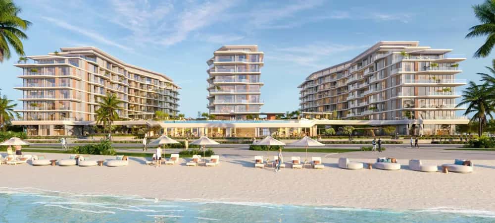 Flora Isle beachfront apartment development on Dubai Islands, Palm Deira, three residential buildings with ocean views
